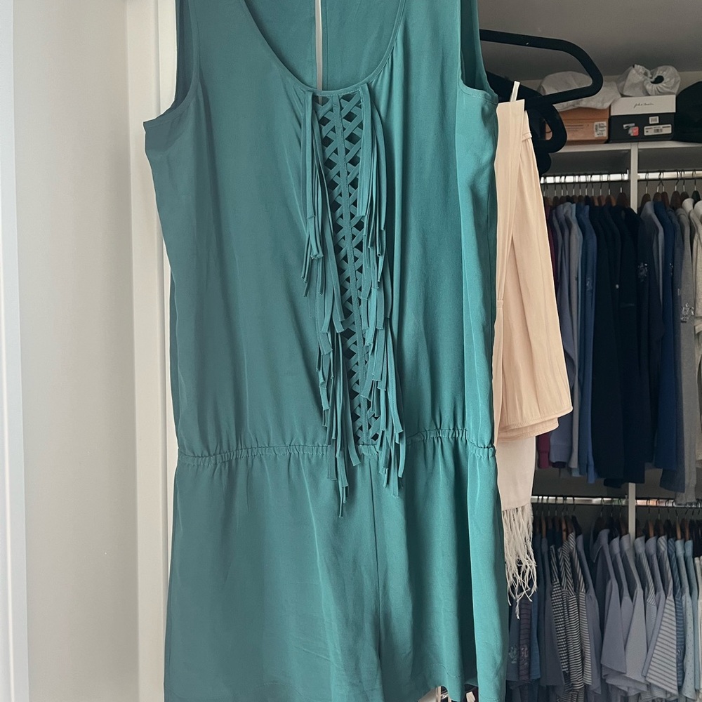 BCBGMaxAzria Teal Romper with Fringe Accents